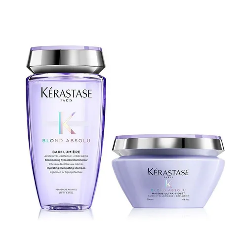Kérastase Haarpflege-Set Blond Absolu 2-tlg. - Das Kérastase Blond Absolu Set enthält ein feuchtigkeitsspendendes Shampoo und eine pflegende Maske zur optimalen Pflege von blondem Haar. Ideal zur Neutralisation von Gelbstichen und für geschmeidigen Glanz.