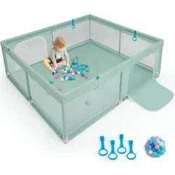 COSTWAY 200 x 180cm Laufstall baby faltbar, Laufgitter mit 50 Ozeanbällen & 4 Griffen, Krabbelgitter mit atmungsaktiver Mesh & Tür, Laufgitterzel... - Grün