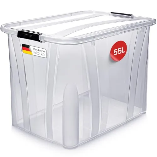 KONZEPT Aufbewahrungsbox 55 L mit Deckel – transparente Kunststoffbox, stapelbar, BPA-frei, verstärkter Boden, robuste Verschlussclips – ideal für Küche & Haushalt