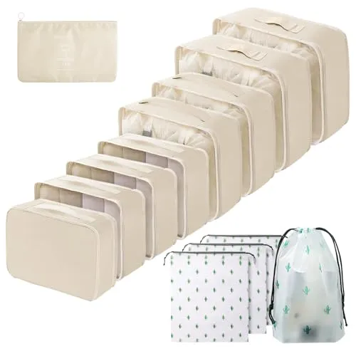 Gemtte Koffer Organizer Set 13-teilig, Wasserdicht Packing Cubes, Multifunktionale Travel Packwürfel, Kofferorganizer Packtaschen für Koffer, Reise Organizer Set Mit Kleidertaschen (Beige)
