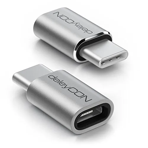 deleyCON 2 Stück USB-C Adapter aus Aluminium - Micro USB Buchse zu USB C Stecker - zum Laden & Synchronisieren für Apple Samsung Google Huawei Xiaomi Handy Smartphone Tablet Laptop - Silber