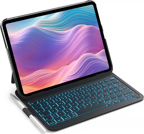 Inateck Ultraleichte Hülle mit Tastatur für iPad 10/11 Gen - Tastaturhülle für iPad A16 und Air 11 Zoll, ultra-dünn, mit 7-Farben-Hintergrundbeleuchtung und Stifthalter für müheloses Arbeiten unterwegs.