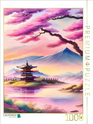 CALVENDO Puzzle Japanische Landschaft mit Mandelbäumen | 1000 Teile für entspannende Stunden - Klassische Puzzles mit KI-Design, 1000 Teile, Größe 64x48cm. Erlebe die beruhigende Schönheit einer Pagode umgeben von blühenden Mandelbäumen.
