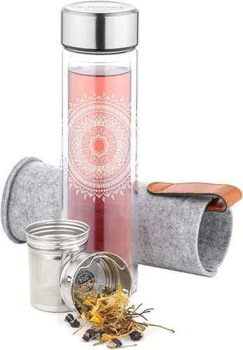 Navaris Teeflasche aus Glas mit Edelstahl Sieb - 500ml - Thermosflaschen für stilvollen Teegenuss unterwegs, doppelwandig aus hitzebeständigem Borosilikatglas, inklusive praktischer Filzhülle für einfachen Transport.