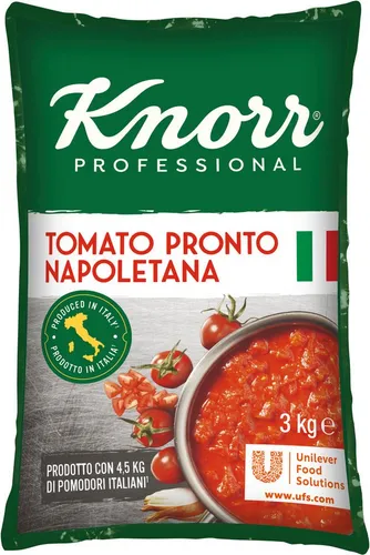 Knorr Tomato Pronto Tomaten Basissauce leicht gewürzt 3000g - Knorr Tomato Pronto Tomaten Basissauce ist die ideale Basis für mediterrane Gerichte. Mit ihrem authentischen Tomatengeschmack und der feinen Würze ist sie perfekt für kreative Küchenprofis. Praktische 3000g Großpackung für vielseitige Anwendungen.