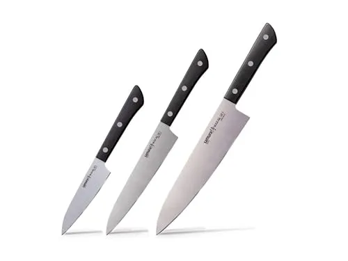 SAMURA Harakiri 3 Messer Set - Schwarzer Griff - Schälmesser Set mit Universalmesser und Gemüsemesser, gefertigt aus hochwertigem AUS-8 Stahl für exzellente Schärfe und Langlebigkeit.