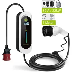 Mobiles Elektroauto Ladegerät 22 kW mit CEE 32A Stecker - Flexibles Ladegerät für Elektroautos mit einstellbarem Ladestrom (10-32A) und 5 m Kabel. Robustes Design mit Schutzart IP66 für zuverlässigen Einsatz unter extremen Bedingungen.