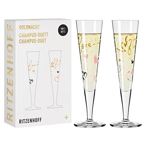 RITZENHOFF 6031004 Champagnerglas 200 ml - Serie Goldnacht Duett 2023, 2x Designerstück mit Echt-Gold - Made in Germany