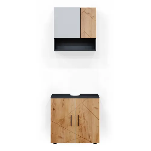 Vicco Badmöbel Set Irma, 2 Teile, Unterschrank 60 cm, Anthrazit/Eiche - Badezimmermöbel-Set mit elegantem Design, inklusive Waschbeckenunterschrank und Spiegelschrank. Bietet optimalen Stauraum und ist ideal für stilvolle Badezimmer.