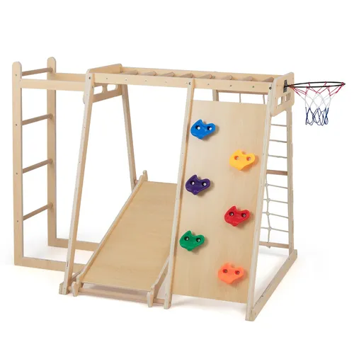 COSTWAY 6-in-1 Klettergerüst Indoor für Kinder - Vielfältiges 6-in-1 Klettergerüst für drinnen mit Rutsche, Affenstangen und Basketballkorb. Ideal für bis zu 3 Kinder, fördert aktives Spielen und motorische Fähigkeiten.