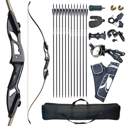 D&Q Recurvebogen Set für Erwachsene - 30-50lbs Takedown Jagd Kit - Recurvebogen Set für Rechtshänder mit hochwertigem Aluminiumbogen Riser, ideal für Anfänger und erfahrene Bogenschützen; inklusive 10-teiligem Zubehör für präzises Schießen.