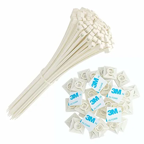 intervisio Set Kabelbinder 200mm x 2,5mm, weiß, 100 Stück und Klebesockel für Kabelbinder, 19mm x 19 mm, weiss - natur, 50 Stück