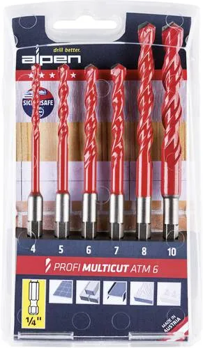 Alpen MultiCut Hartmetall Mehrzweckbohrer-Set 6-teilig - Vielseitiges Bohrer-Set für Fliesen, Mauerwerk, Metall, Holz und Kunststoff, passend für alle Standard-Akkuschrauber.
