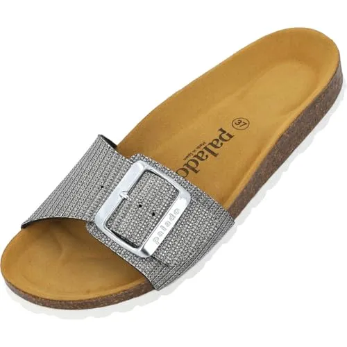 Palado Pantoletten Damen Malta EGS Glitter - elegante Sandalen Made in Spain - bequeme Hausschuhe mit Kork-Fußbett - modische Sommerschuhe Silber UK6 - EU39