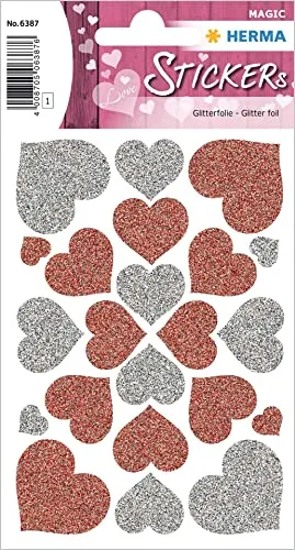 HERMA 6387 Aufkleber Herzen Glitzer groß, 22 Stück, Herz Sticker in rot silber, Etiketten in Herzform für Valentinstag Liebe Hochzeit Geburtstag Scrapbooking Dekoration Geschenk Briefe DIY Basteln