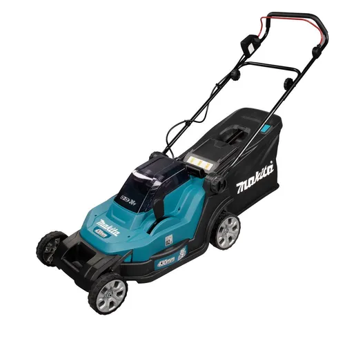 Makita DLM 432 T2 Akku Rasenmäher 36 V - Rasenmäher mit 43 cm Schnittbreite und kraftvollem Brushless-Motor, ideal für einen kabellosen Einsatz im Garten, inklusive 2x 5,0 Ah Akkus.