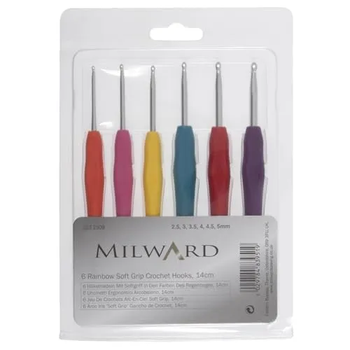 Milward 2232509 Häkelnadeln mit Softgriff in den Farben des Regenbogens, 14 cm, Aufmachung: 6 Stück