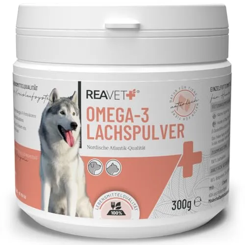 ReaVET Lachsöl Pulver Hunde & Katzen 300g Lachspulver I Omega 3 & 6 Barf Zusatz Hund I Alternative zu Lachsöl I Futterzusatz für Gelenke & Fellpflege, Lachsmehl
