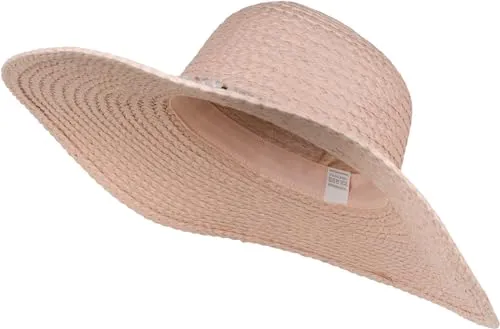 styleBREAKER Damen Strohhut Papierstroh mit Hutband aus Perlen, breite ausgefranste Krempe, Sonnenhut, Schlapphut 04025043, Farbe:Altrose