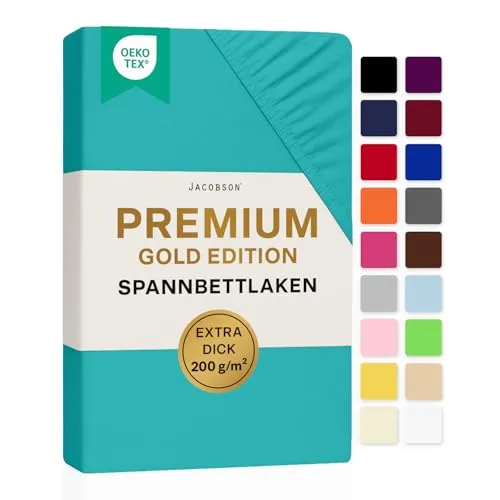 Jacobson Premium Spannbettlaken 200 g/m² Jersey Baumwolle mit Elasthan (90x200-100x200 cm, Türkis)
