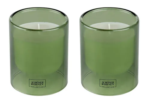 Schöner Wohnen Kollektion Duftkerze Mod. Basil L, 2er Set - Kerzen im Glas mit lebendigem Basilikum-Duft und Mandarinen-Aroma, ideal für frische Akzente in Ihrem Zuhause. Wiederverwendbare Gläser in Moosgrün, perfekt verpackt als Geschenk.