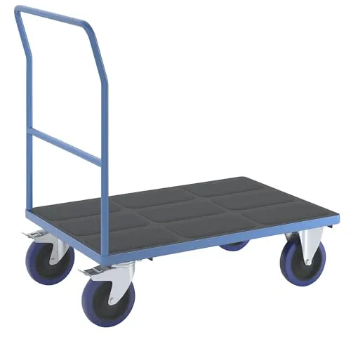 eurokraft | Plattformwagen mit Rohrschiebebügel | Vollelastik-Rollen | lichtblau | Ladeflächen-LxB 1050 x 700 mm
