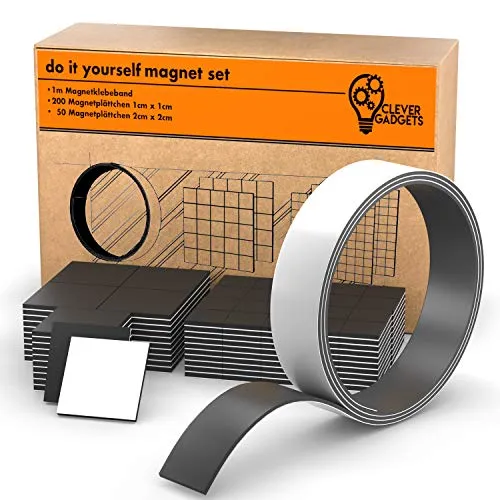 Clever Gadgets MAGNETSET | 250 Magnetplättchen (2x2cm & 1x1cm) + 1m Magnetband | 3 in 1| selbstklebend | zuschneidbar | schwarz | flach | Magnetstreifen | Magnetklebeband