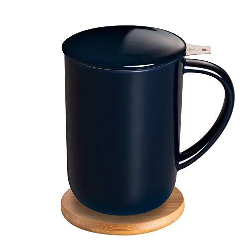 CEEFU Teetasse aus Porzellan mit Teesieb und Deckel, Teegeschirr mit Filter und Untersetzer, lose Teeblätter, Teetasse für Tee/Kaffee/Milch/Frauen/Büro/Zuhause/Geschenk (Marineblau)