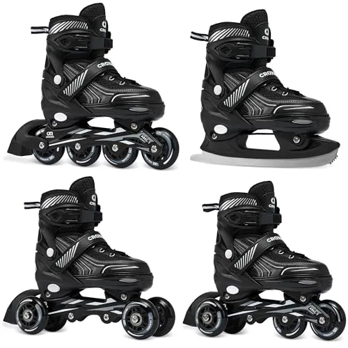 CROXER Optima 4in1 Inline Skates Triskates Rollschuhe Schlittschuhe Inliner für Kinder Erwachsene verstellbar (Black, 39-42 (24cm-26,5cm))