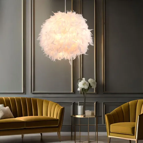 Hängeleuchte Federn Weiß - Elegante Pendelleuchte für jeden Raum - Moderne Pendelleuchte aus Metall mit einem einzigartigen Feder-Lampenschirm. Ideal für Wohn- oder Esszimmer, schafft sie eine stilvolle Atmosphäre und ist für E27 Leuchtmittel bis 40 Watt geeignet.