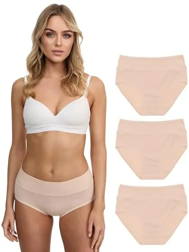 Tazzio Damen Seamless Slip Nahtlos Unterhose High Waist 3er-Pack F920 – Beige M – Unsichtbare Damen Unterwäsche aus Baumwolle & Elasthan