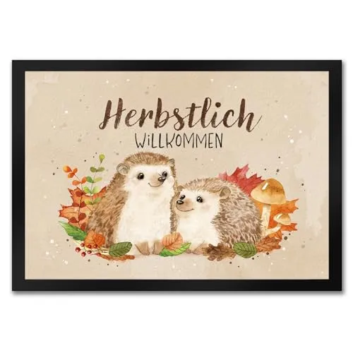 speecheese Igel Paar Fußmatte in 35x50 cm mit Spruch Herbstlich Willkommen EIN bunter Türvorleger für den Eingangsbereich Motiv süßes Igelpärchen Aquarell Fußabtreter Natur Türmatte