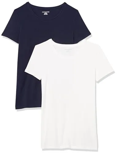 Amazon Essentials Damen-T-Shirt, klassisch, kurzärmlig, Rundhalsausschnitt, 2er-Pack ,marineblau / weiß ,US S (EU S - M)