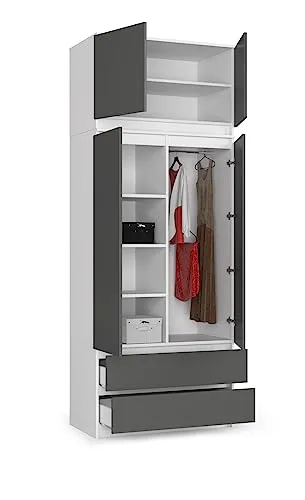 BDW Kleiderschrank mit 4 Türen, 4 Einlegeböden, Kleiderbügel, 2 Schubladen - Aufbewahrungsschrank - Moderner Schrank für das Schlafzimmer Wohnzimmer Diele - 234x90x51cm - Weiß/Grau