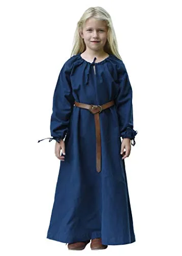 Battle-Merchant Kinder Mittelalterkleid Ana für Mädchen, blau, Gr. 164 - Mittelalterkleid für Mädchen aus hochwertiger Baumwolle, ideal für Mittelalterfeste, Karneval und LARP. Bequem und stilvoll mit verspielten Raffungen und langem Schnitt.