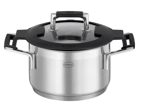 Rösle hoher Topf 16cm Silence Pro RO91961 - Kochtopf 16 cm, Edelstahl mit innovativem Deckel und integrierter Abgießfunktion für einfaches Abgießen ohne Sieb. Ideal für alle Herdarten und spülmaschinengeeignet.