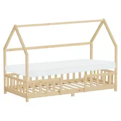 ML-Design Kinderbett 90x200cm mit Matratze und Rausfallschutz - Naturbelassen - Stilvolles Kinderbett im modernen Hausdesign aus robustem Kiefernholz. Inklusive Lattenrost und Matratze mit abnehmbarem Bezug. Ideal für eine sichere und gemütliche Schlafumgebung.