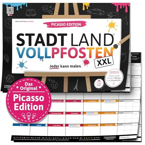 DENKRIESEN - Stadt Land VOLLPFOSTEN® - Picasso Edition | Stadt Land Fluss zum Malen | Ab 8 Jahren | Familienspiel | Kreatives Zeichenspiel | 23 Kategorien | Spaßiges Gesellschaftsspiel für alle