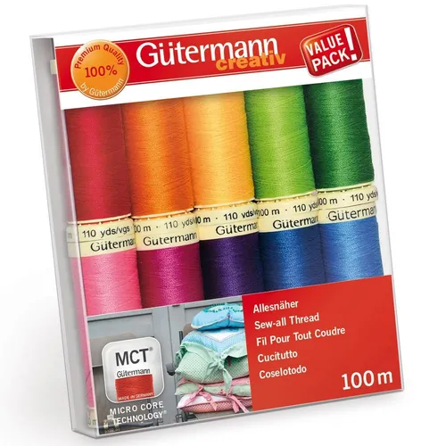 Gutermann Sew-All Bunte 100% Polyestergewindesatz 10 X 100M - Nähgarne, 10 hochwertige, farbenfrohe 100m Polyester-Garne, ideal für kreative Nähprojekte und vielseitige Anwendungen.