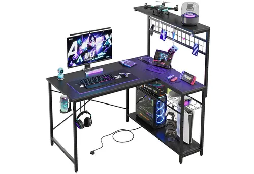 Bestier L-förmiger Gamingtisch mit LED-Beleuchtung und Steckdosen