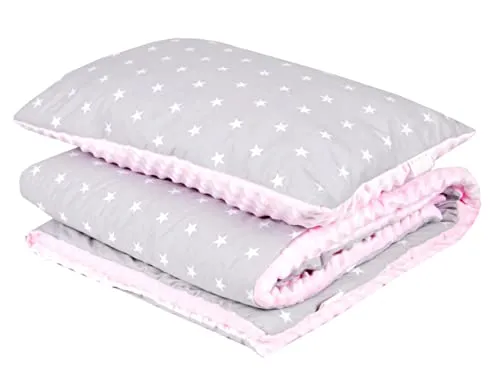 Babylux Kuscheldecke 100 x 150 cm Decke Babydecke Kinderdecke Bettdecke Groß Kissen Minky XXL (14. Rosa + Sterne mit Kissen)