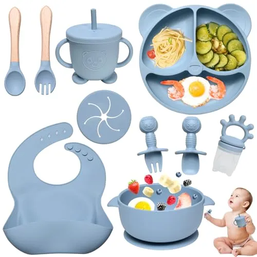 Dazhtu 10 Stücke Silikon Baby Geschirrset, Kindergeschirr Baby-Teller Rutschfest mit Saugnapf, Baby-Teller mit Saugnapf, Schüssel, Lätzchen,Löffel,Gabel,Baby-Trinkbecher,Fruchtsauger Set, Blau