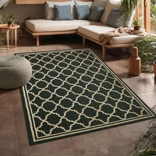 VIMODA Teppich In- und Outdoor Flachgewebe Terrasse Balkon Wetterfest Wintergarten Robust Marokkanisch geprägtes Design,Maße:60x100 cm;Farbe:Beige-Black