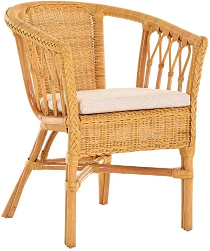 Korb-Outlet Stapelbarer Rattan-Sessel mit Polster in Honig - Lounge- & Cocktailsessel, handgefertigt aus Natur-Rattan, ideal für Terrasse oder Wintergarten. Mit abnehmbarem Kissen in Honig und weiteren Farboptionen.