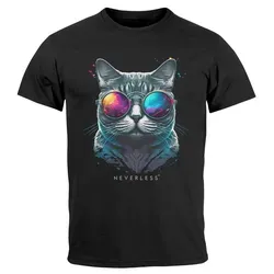 Neverless Print-Shirt Herren T-Shirt Aufdruck Katze Cat Sommer Sonnenbrille Style Fashion mit Print schwarz XXL