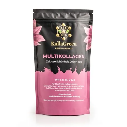 KollaGreen® Multikollagen Pulver – 5-fach Kollagen Typ I, II, III, V & X – Hochdosiert (500 g / 50 Tage) – Für Haut, Haare, Nägel, Gelenke & Darm – Ohne Zusätze – Made in EU