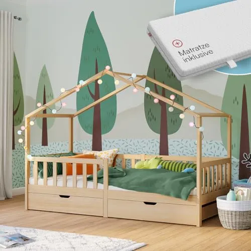 Bellabino Bia Kinderbett 90x200 cm – Hausbett mit Matratze, Rausfallschutz, Lattenrost & 2 Schubladen – Montessori Kinder Bett aus Massivholz Kiefer – Bett für Jungen und Mädchen mit Stauraum in Natur