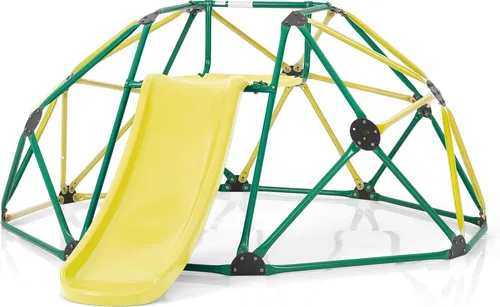 COSTWAY Kletterkuppel Ø183cm mit Rutsche & Stoffplattform, Klettergerüst in Kuppelform bis 180kg, Spielplatz für Kinder ab 3 Jahren Grün, Gelb