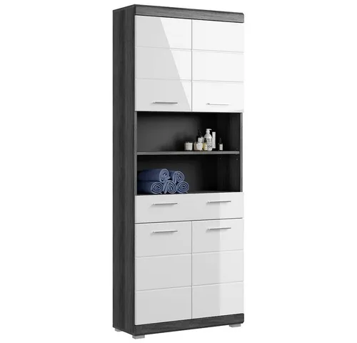 Lomadox Badezimmer Hochschrank - Moderner Badezimmerschrank in Hochglanz Weiß - Hoch- & Midischränke fürs Bad mit eleganten Hochglanz-Fronten und viel Stauraum. Ideal für ein stilvolles Badezimmer, inklusive 4 Türen, 1 Schublade und 3 Einlegeböden.