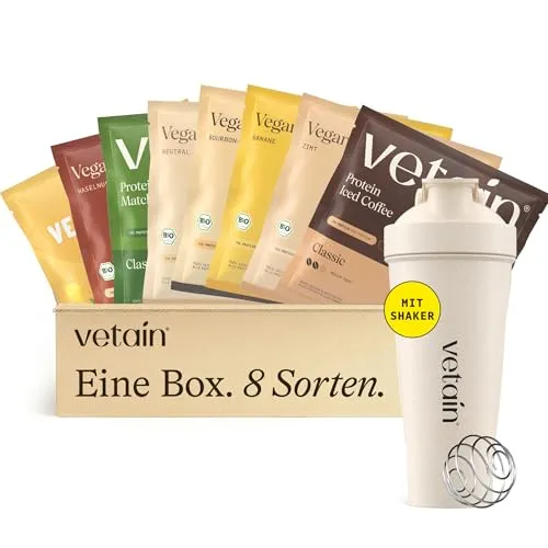 VETAIN Protein Pulver Probierpaket + Shaker - 23g Eiweiß - 8 Sorten - Teste alle 8 köstlichen Geschmäcker unseres veganen Proteinpulvers mit 23g pflanzlichem Eiweiß pro Portion. Inklusive hochwertigem Bio-Shaker für cremige Shakes. Ideal für pflanzliche Ernährung.